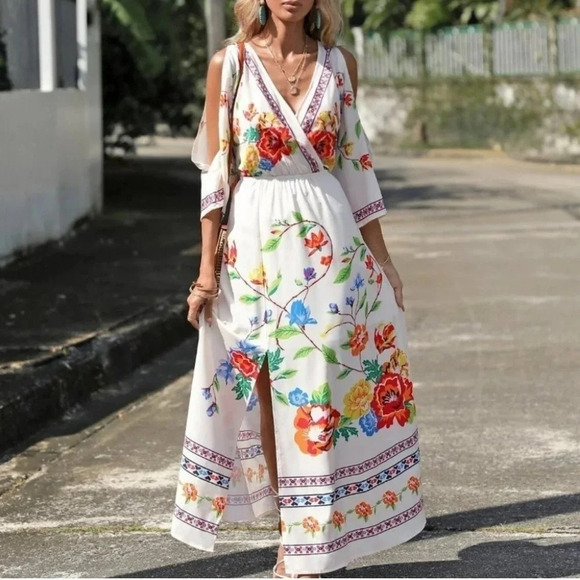 White Floral Print Cold Shoulder Maxi Dress - Picture 4 of 5